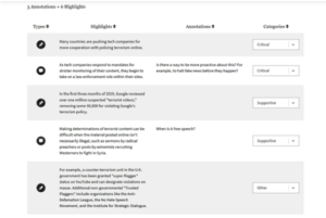 screen shot of example highlights and annotations along with their categories